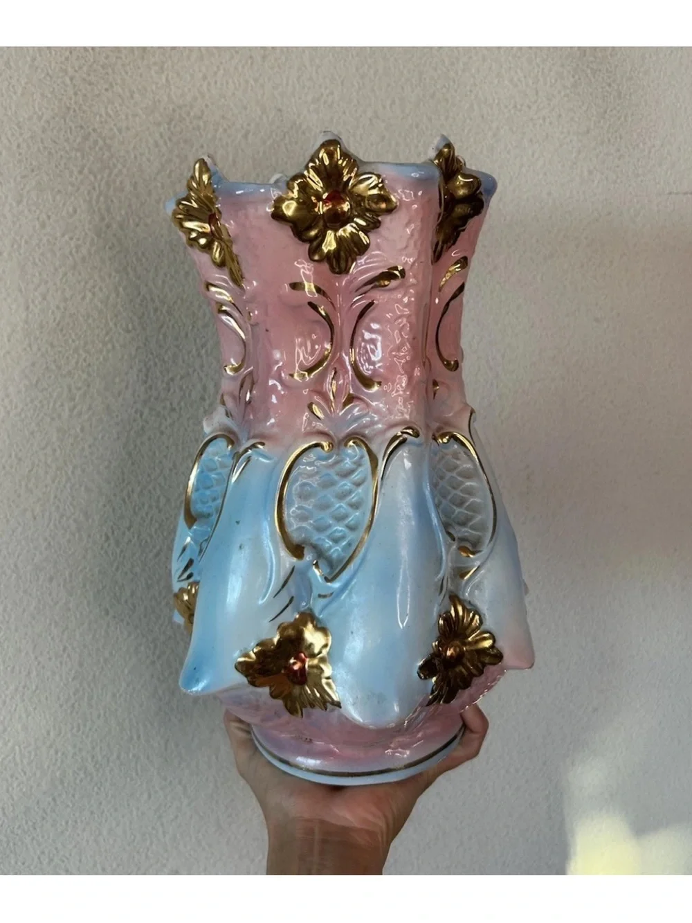 Vintage Italian Hand Painted Ceramic Vase Pink Blue Gold Gilt 12.5”
